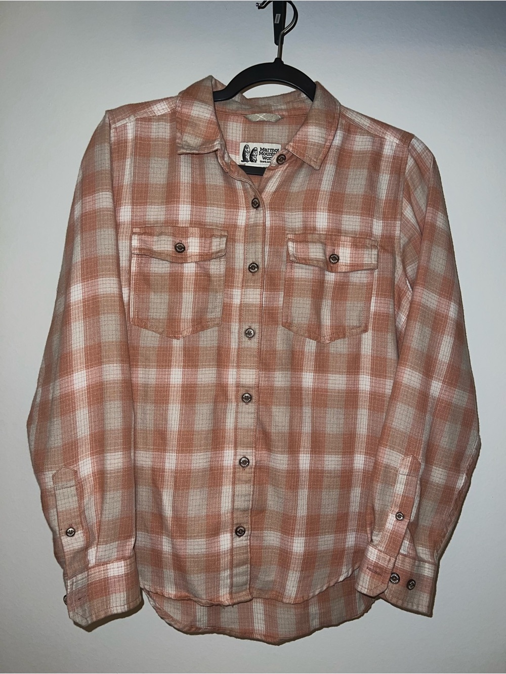 Marmot Peach and White Plaid Button-Down Shirt